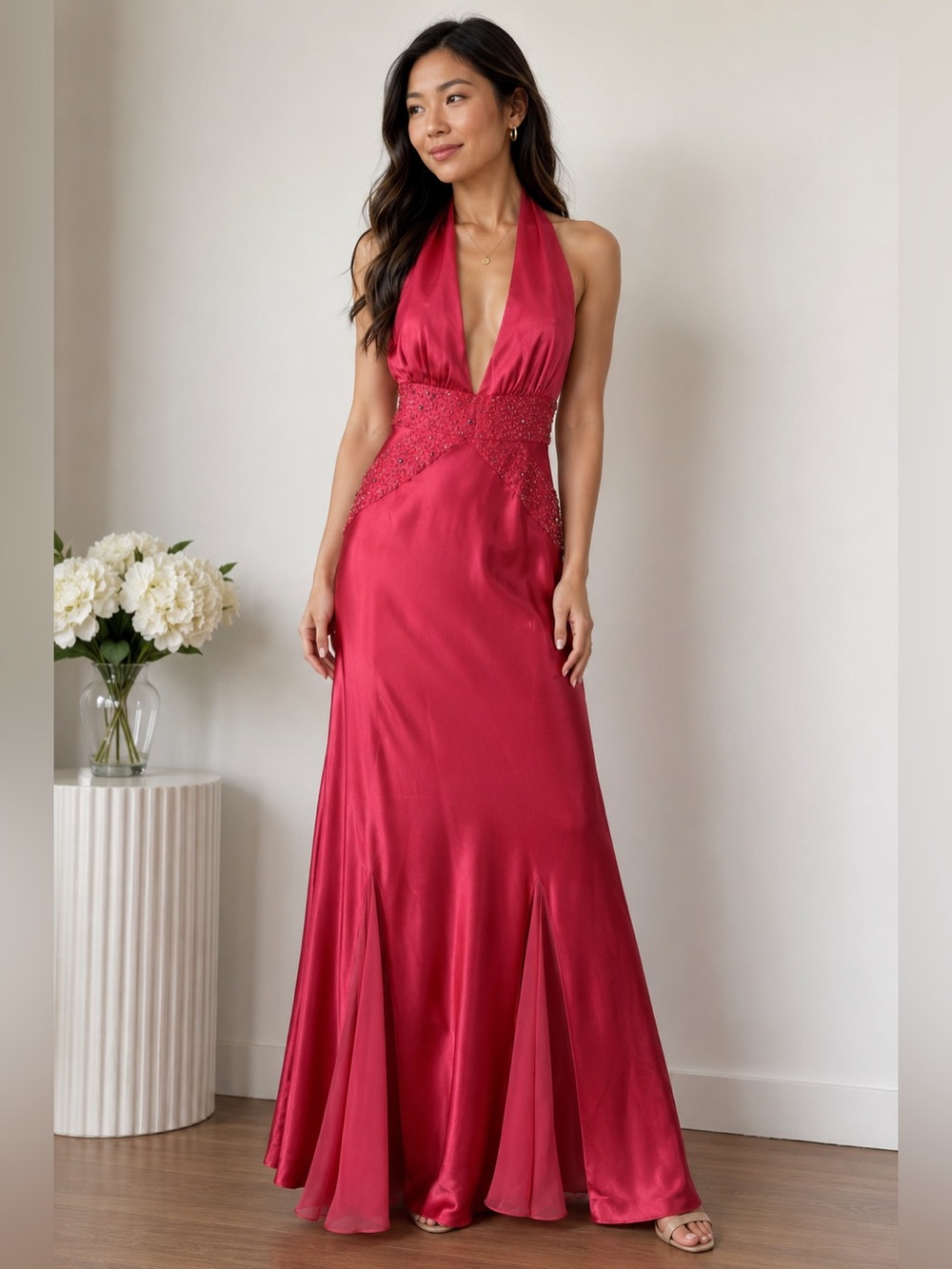 Coral Pink Satin Halter Gown Beaded Waist Slit Formal Prom gala maxi Dress XS